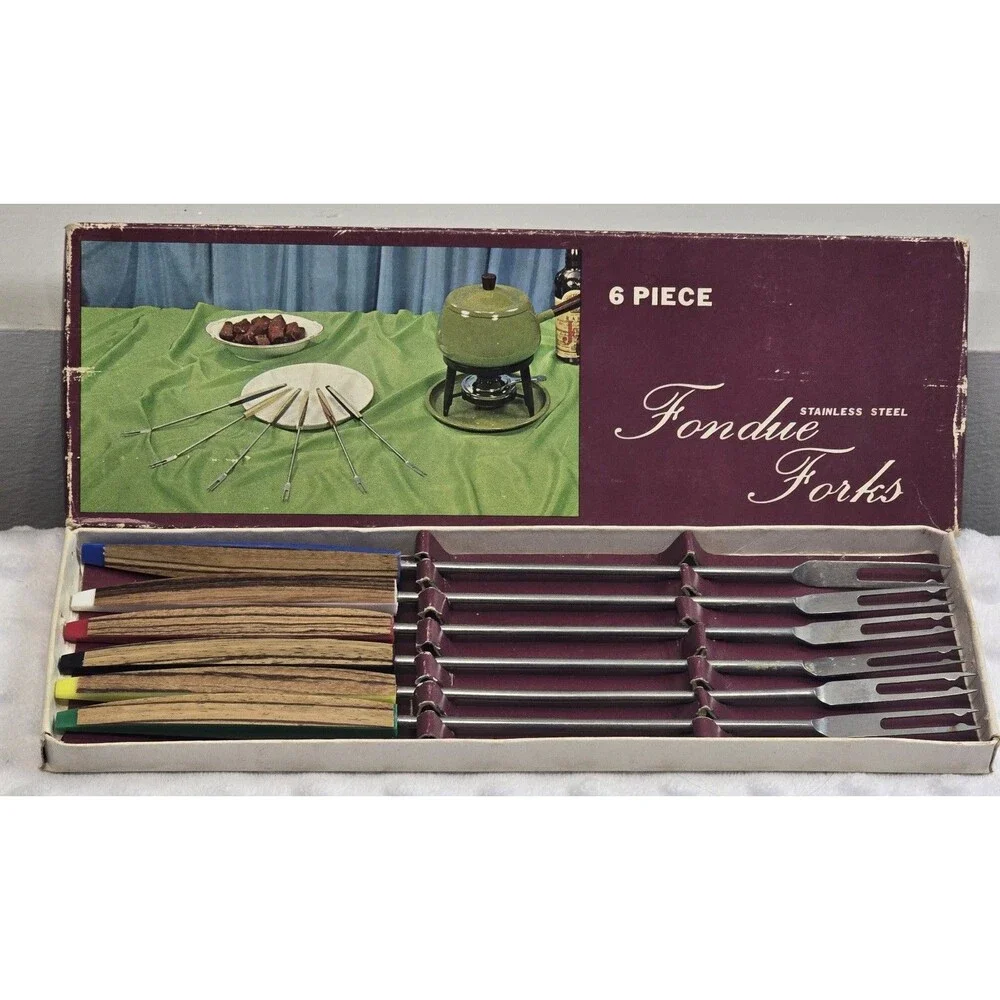 Vintage Fondue Forks 6 Piece Stainless Steel MCM Original Box Wood Grain Handles
